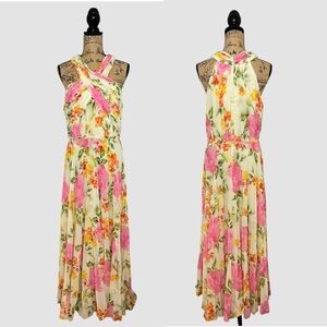ML Monique Lhuillier Pleated Floral Chiffon Maxi Dress in Lily Rose